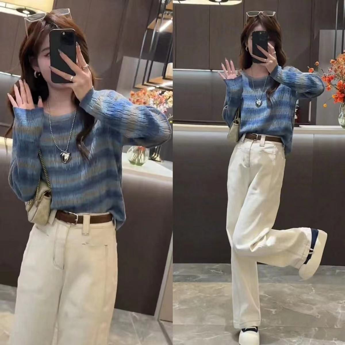 复古撞色条纹软糯长袖毛衣女2025早秋温柔盐系设计感镂空针织上衣