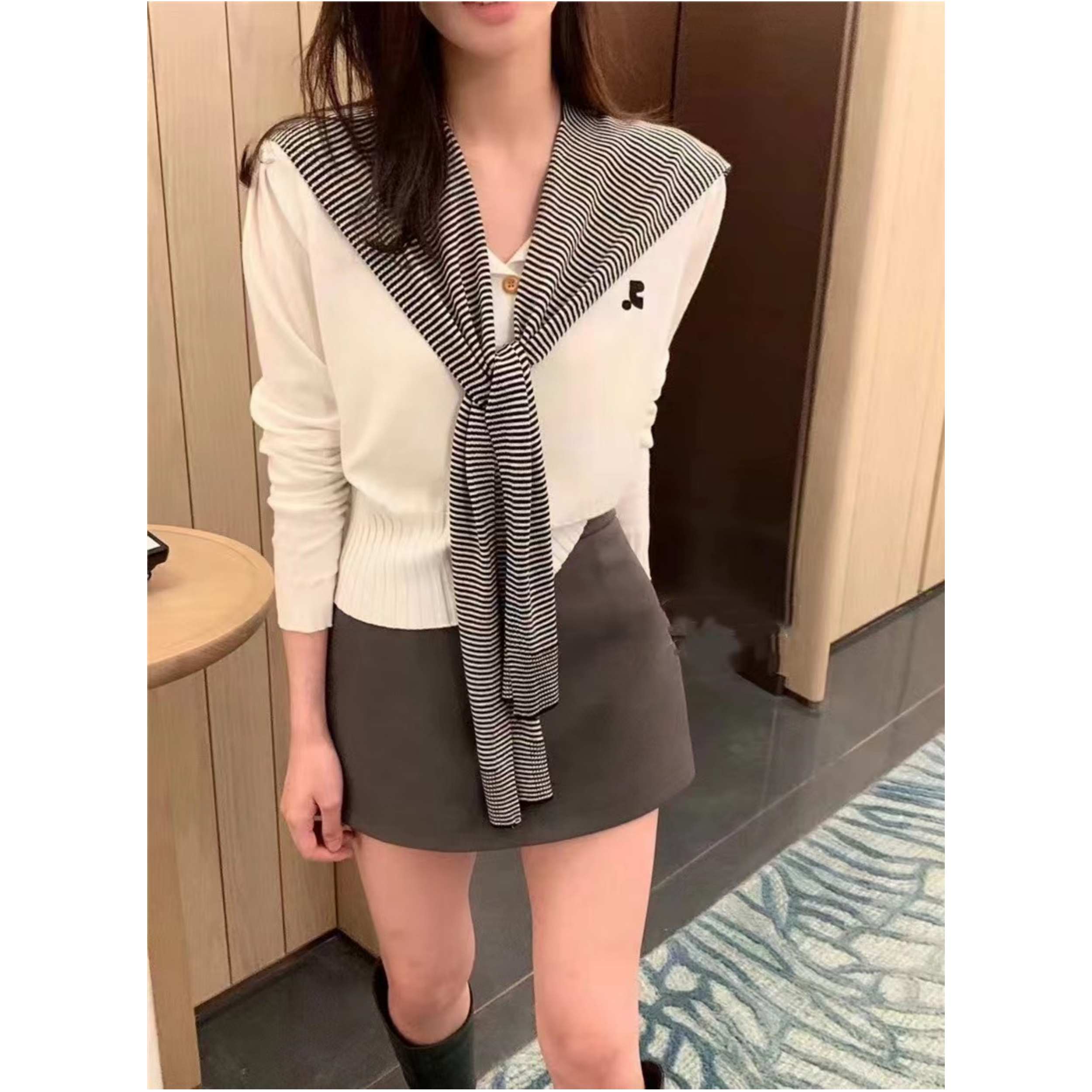 韩系温柔风白色撞色针织开衫女早秋季新款减龄披肩真两件上衣0104