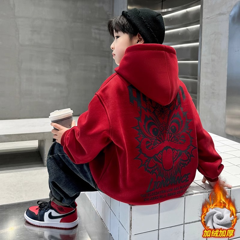 男童红色加绒卫衣秋冬款2024新款中大儿童龙年拜年服男孩本命年服
