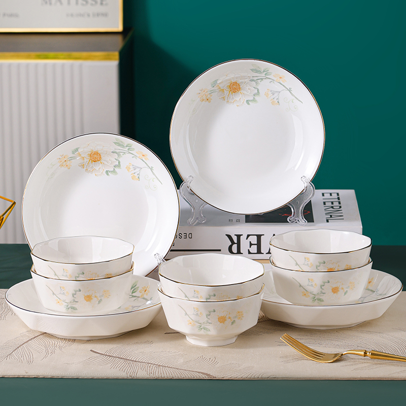句途10件描金雏菊陶瓷餐具套装米饭碗菜盘防烫家用碗盘
