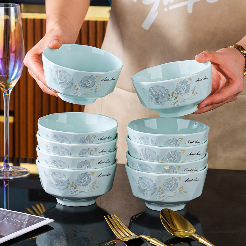 句途10只影青甜蜜蜜家用陶瓷4.6英寸米饭碗加厚防烫牡丹花吃面碗