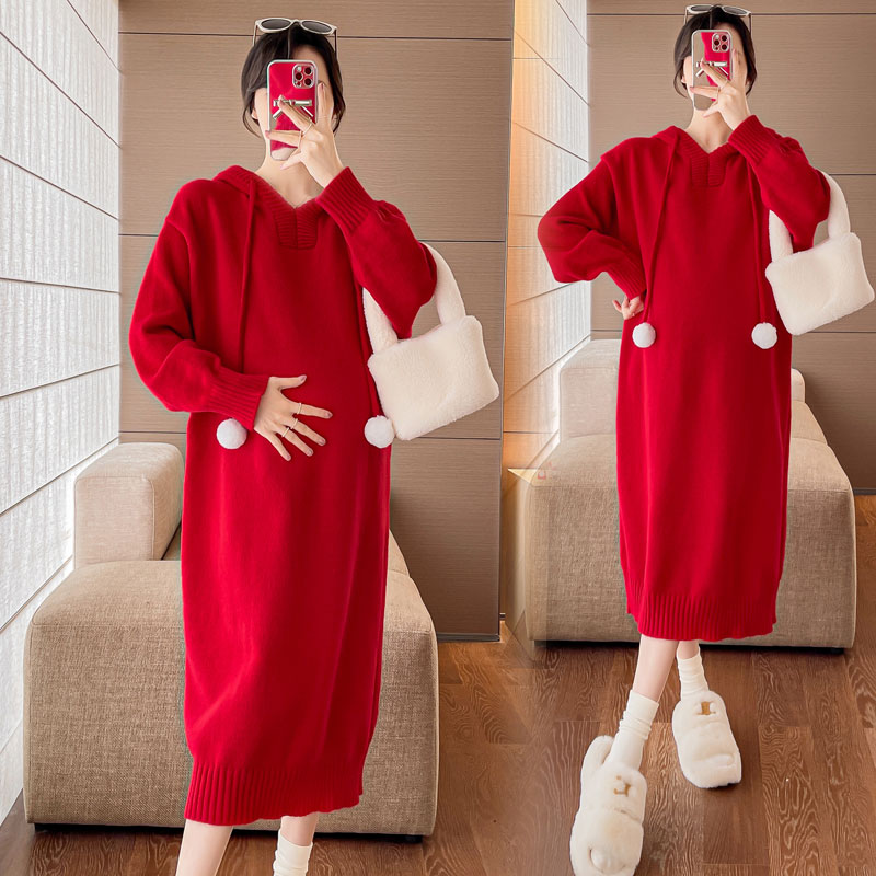 大码孕妇红色毛衣冬装时尚外穿连衣裙圣诞新年连帽针织长裙200斤