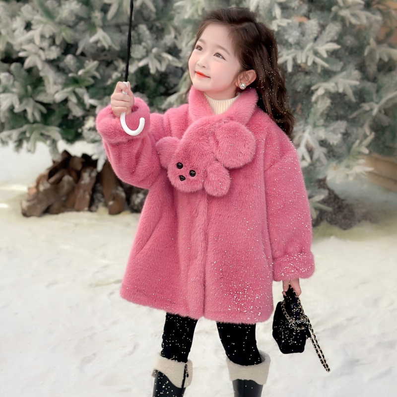 女童环保水貂绒外套儿童保暖中长款大衣洋气宝宝冬季毛毛外套