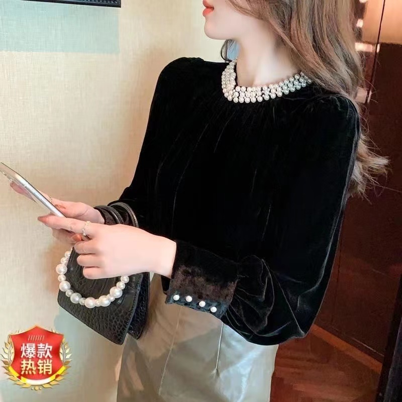 金丝绒打底衫女秋装洋气内搭小衫秋冬新款显瘦重工圆领长袖上衣