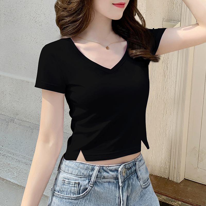 显瘦V领高腰开叉短款t恤圆领露脐短袖夏季女款高腰棉百搭紧身ins