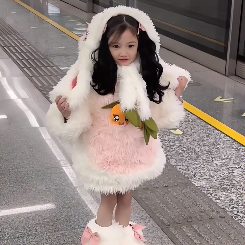 壹妈韩版童装女童毛绒套装冬季洋气可爱兔耳朵加绒加厚羊羔毛外套