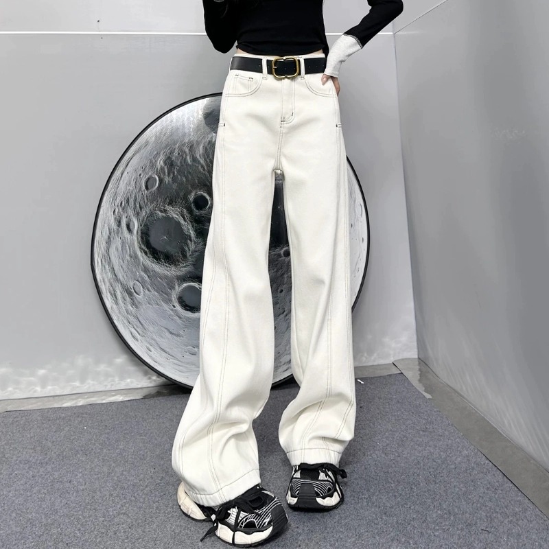 欧货高腰牛仔裤女秋冬新款直筒阔腿裤白色裤子宽松显瘦拖地裤女款