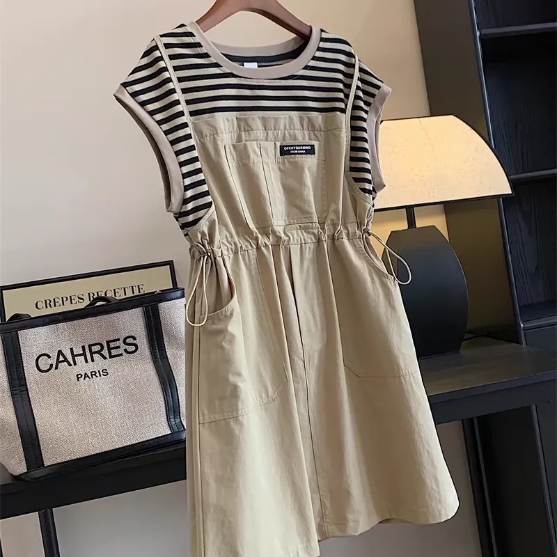 女童假两件背带连衣裙2025夏装新款大童休闲条纹裙子小学生女孩子