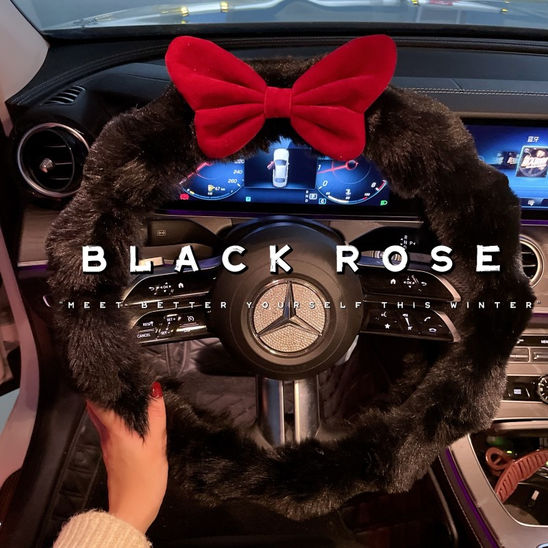 冬季汽车方向盘套女性蝴蝶结毛绒装饰网红保暖时尚秋冬通用车把套