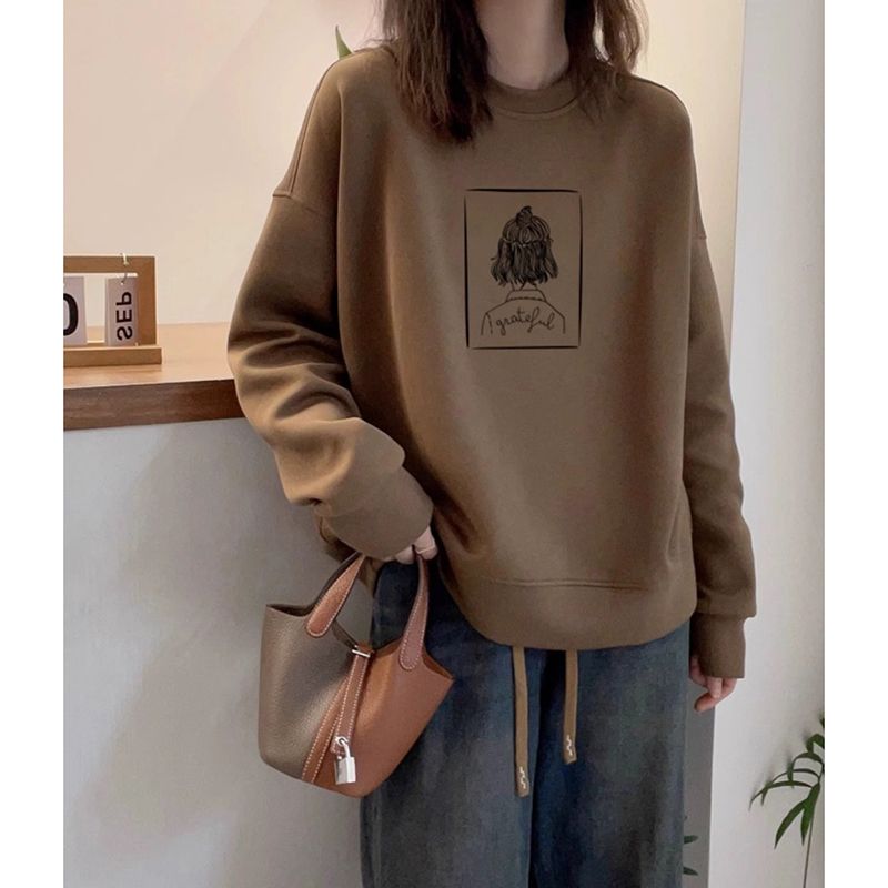 秋冬宽松港味复古咖啡色圆领套头加绒加厚卫衣女小个子外套潮