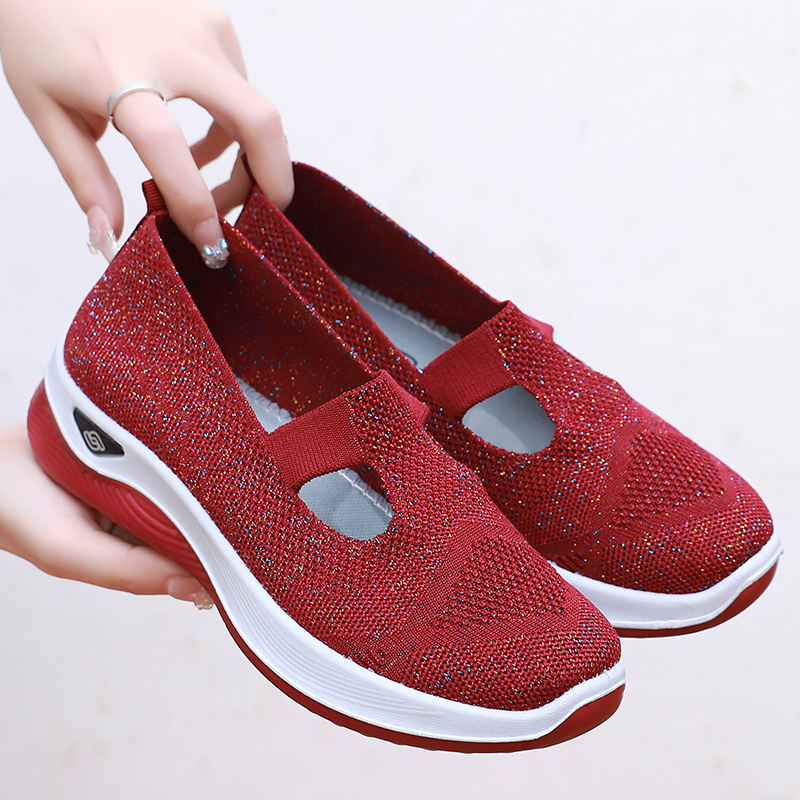 夏季中老年舒适平底飞织网面老人鞋运动休闲透气软底妈妈鞋健步鞋