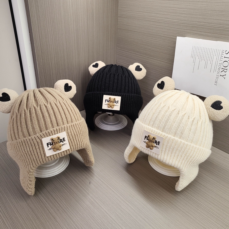 宝宝帽子秋冬季男女童针织毛线套头帽可爱小熊婴幼儿护耳保暖帽冬