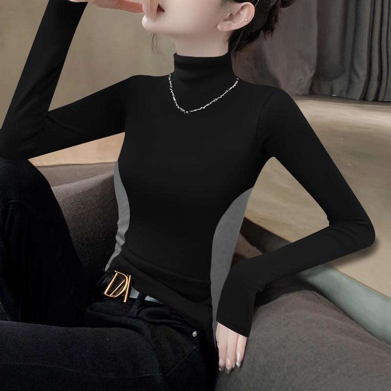 2024新款秋冬撞色半高领显瘦修身设计感打底衫内搭女t恤长袖上衣