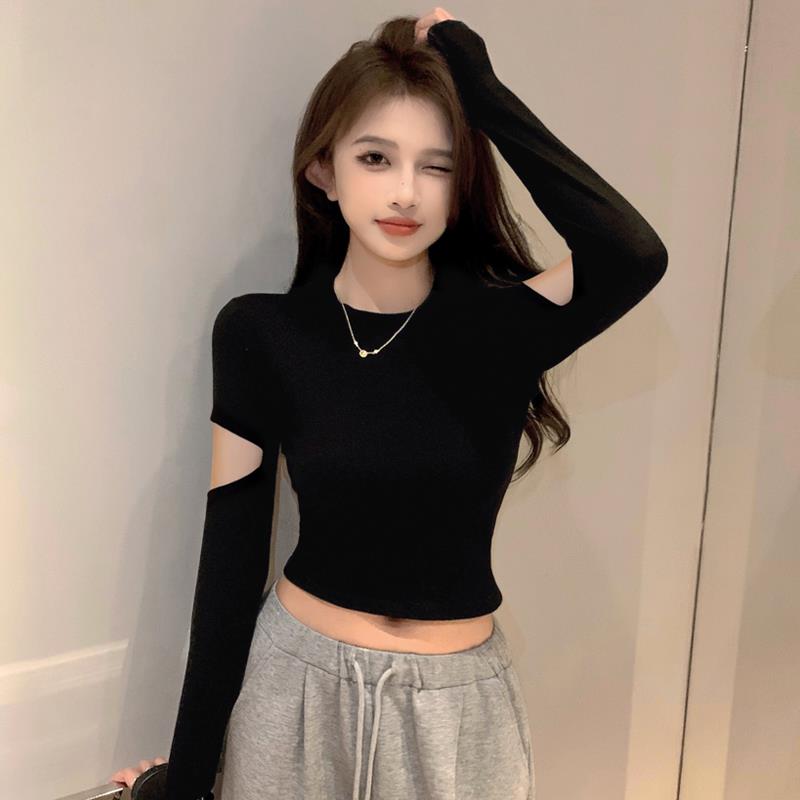 螺纹黑色长袖破洞紧身上衣半高领打底衫女春秋内搭显瘦短款t恤潮