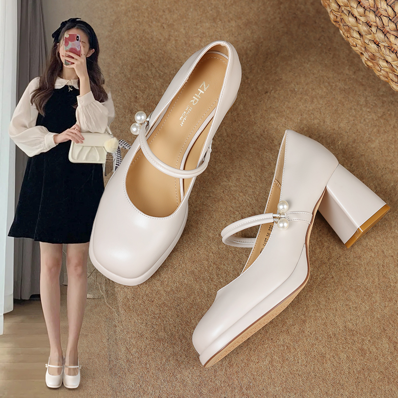 ZHR/则则珍珠点缀玛丽珍鞋女2025春夏新款法式优雅粗跟浅口单鞋女