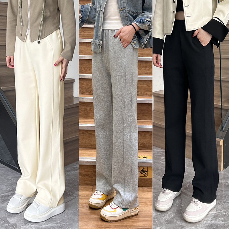 乐库优春秋新款太空棉窄版直筒裤女高腰垂感宽松显瘦百搭休闲长裤
