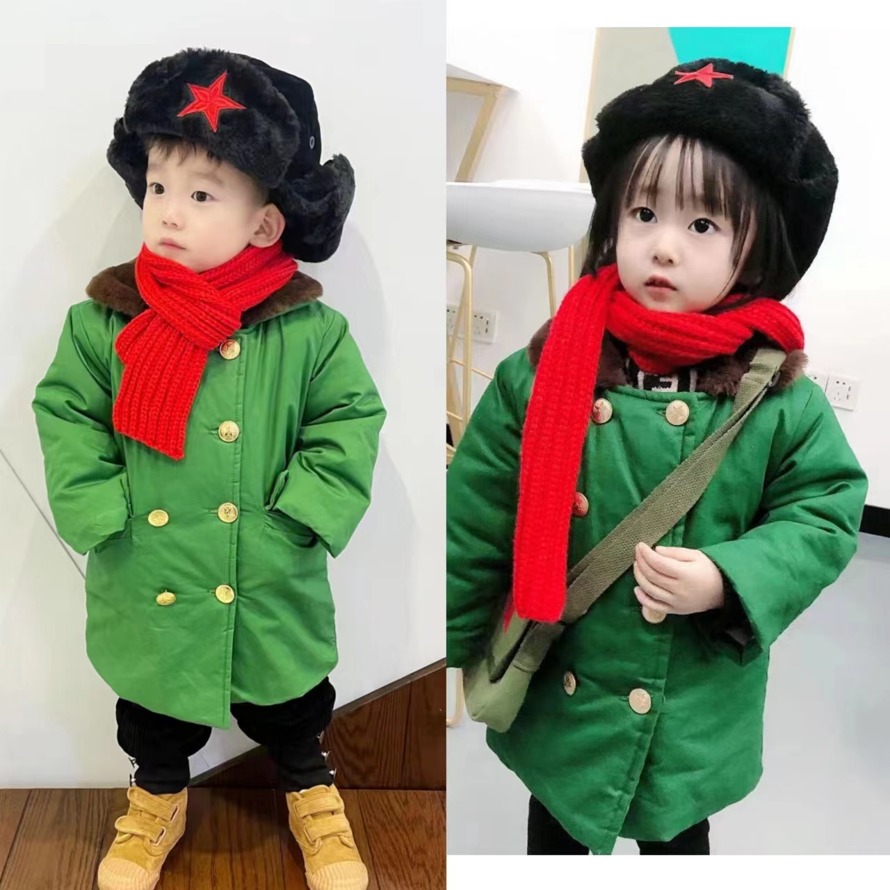 时尚经典加绒加厚儿童军大衣棉服90-160