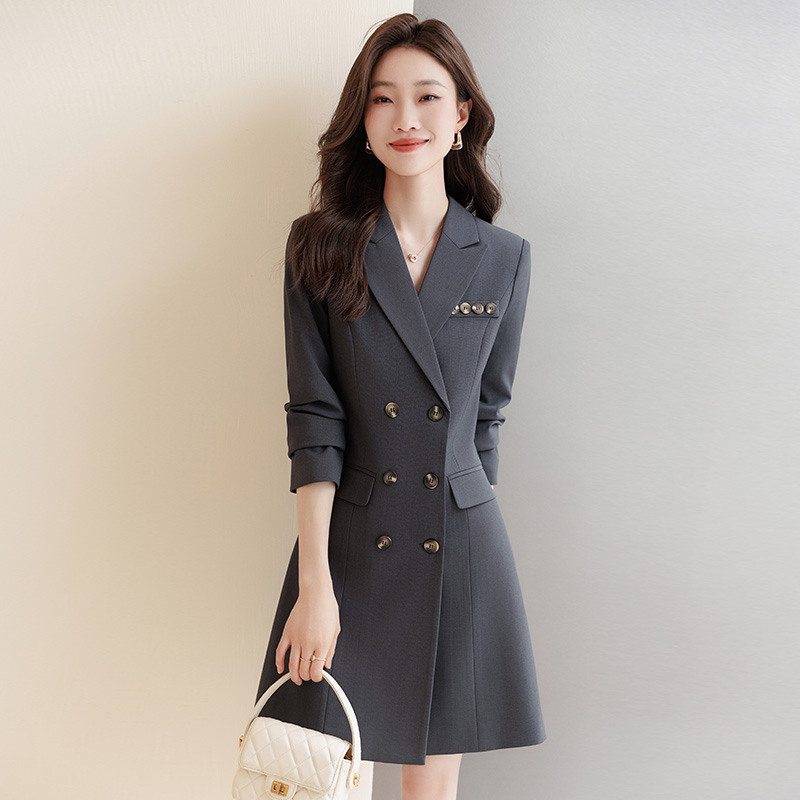时尚韩版黑色西装连衣裙2025秋冬新款职业正装通勤女连衣裙中长款