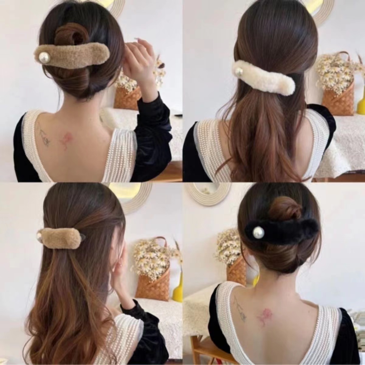 秋冬毛绒珍珠发夹女2024新款后脑勺鲨鱼夹气质高级感鸭嘴发卡