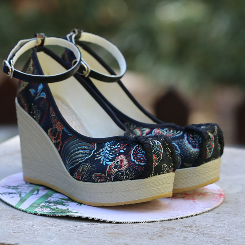 夏季中式高跟百搭厚底民族风软底坡跟圆头鞋休闲古风鞋老北京布鞋