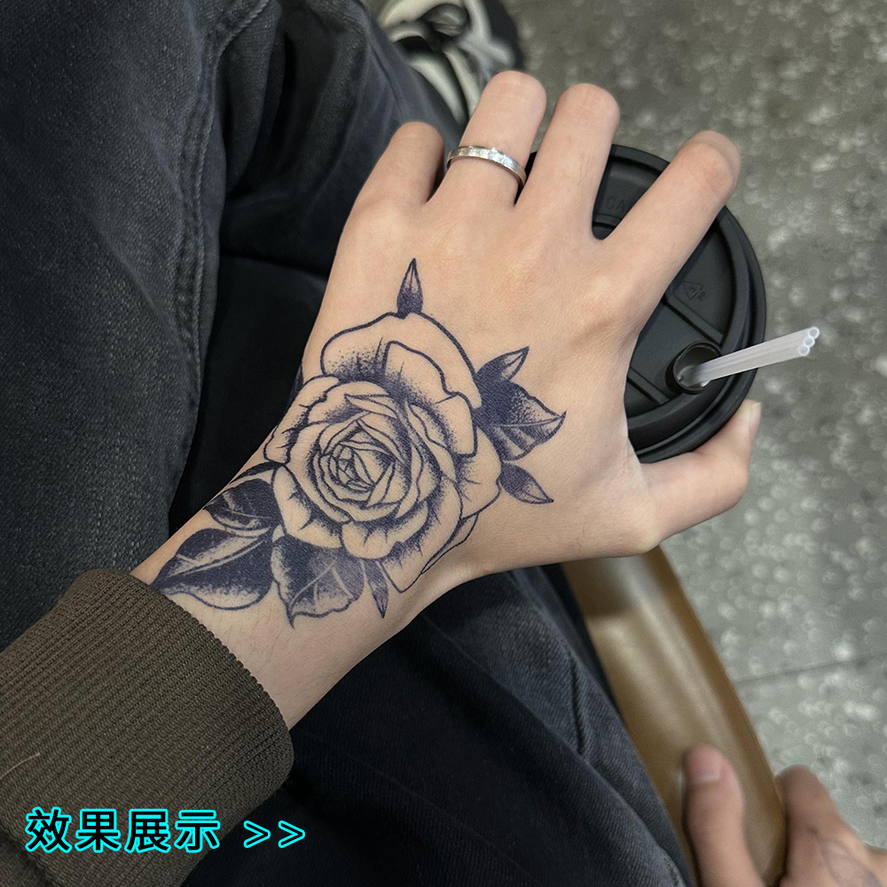 玫瑰花手背肩膀图案草本透明果汁贴贴画防水防搓维持1-2周