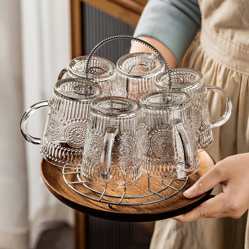 太阳花玻璃杯喝水杯透明套装高颜值客厅待客带把手浮雕果汁饮料杯