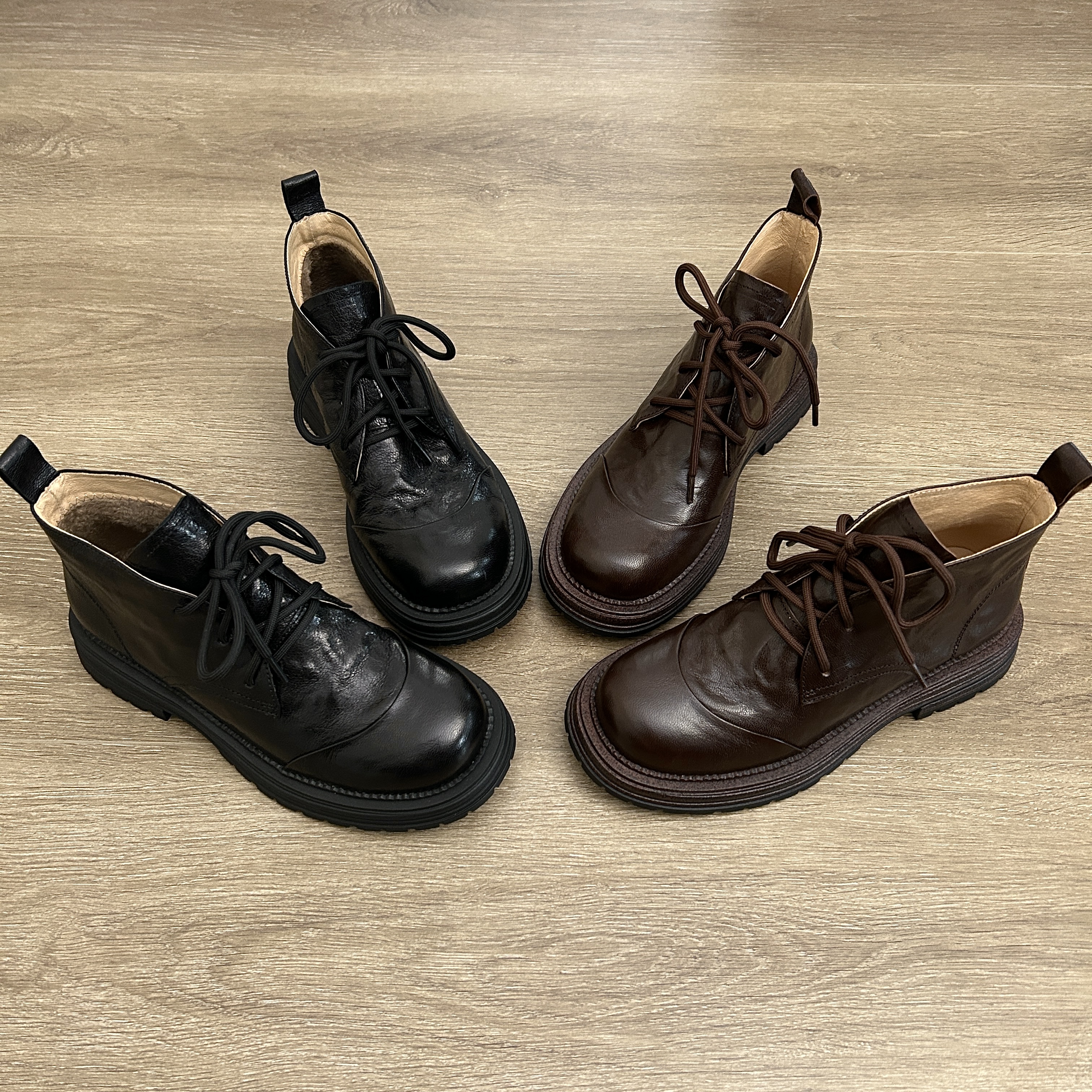 Dannyfrey复古真皮系带厚底短筒马丁靴女秋冬新款单靴显瘦短靴