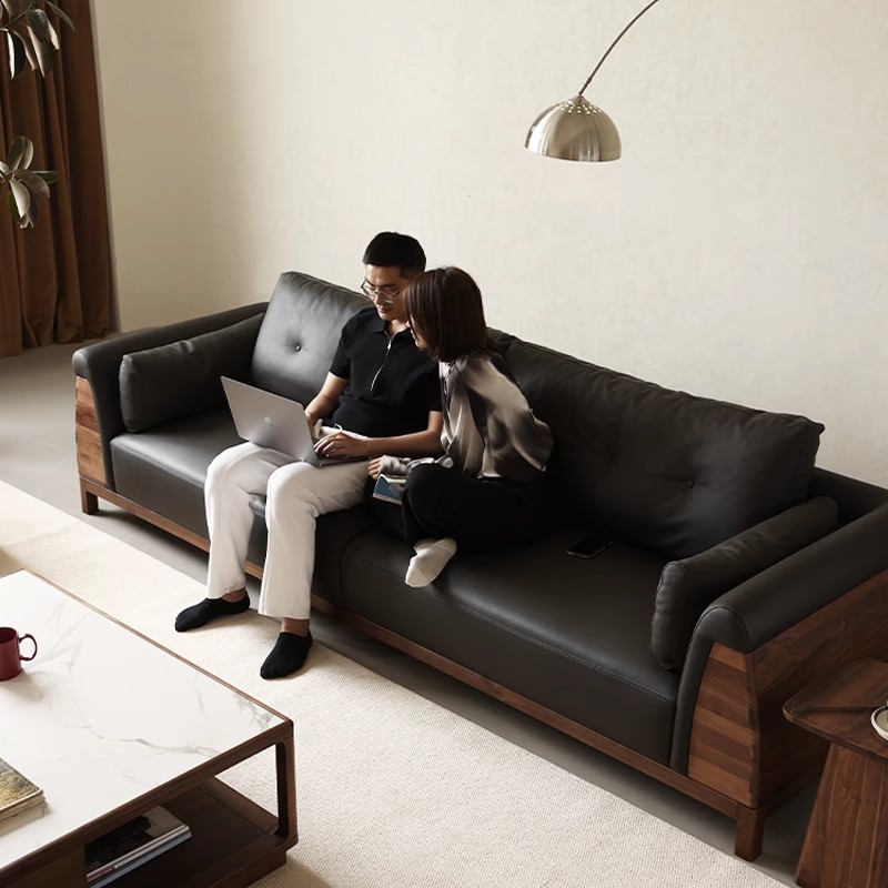 北美黑胡桃木实木沙发轻奢真皮羽绒沙发头层牛皮冬夏两用客厅家具