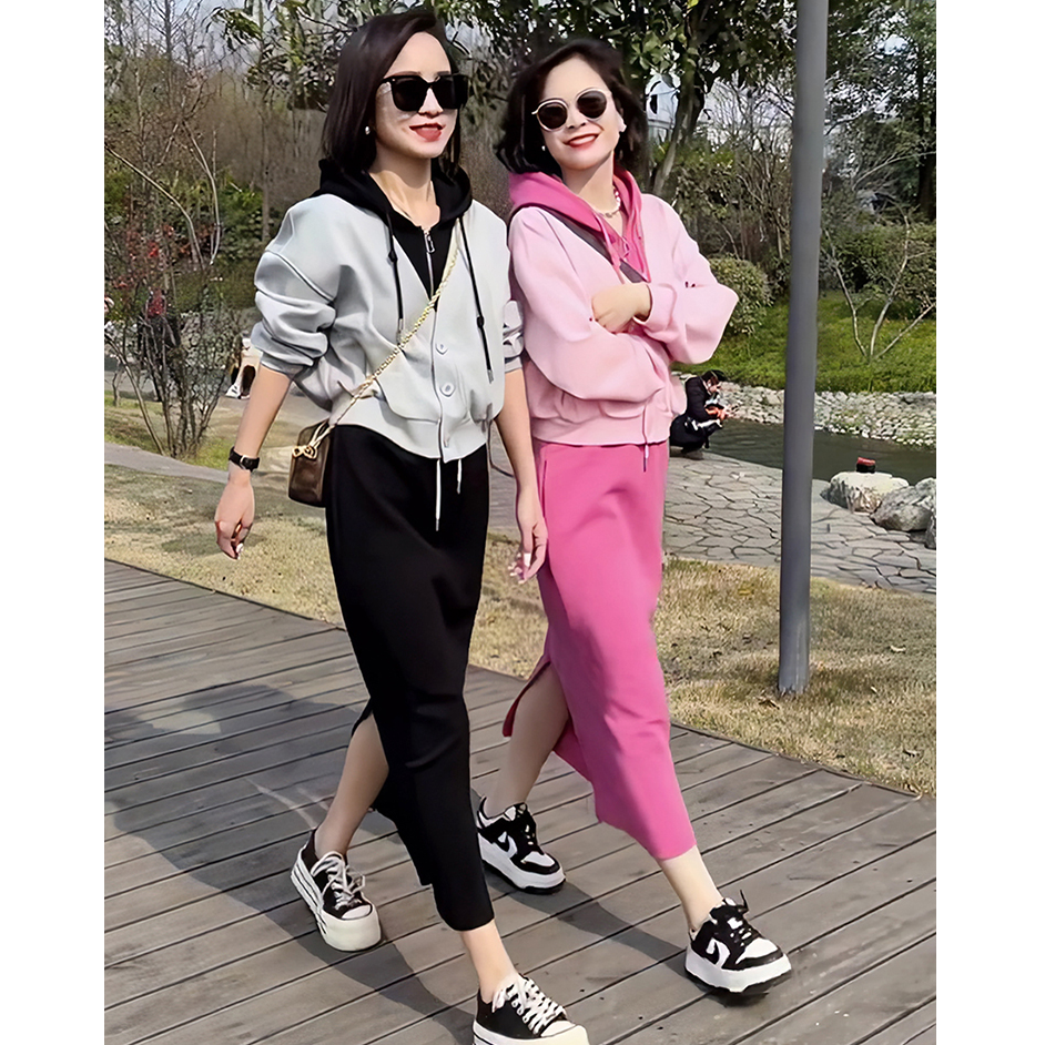 0057假两件连帽卫衣休闲半身裙套装女秋新款设计感时尚洋气两件套