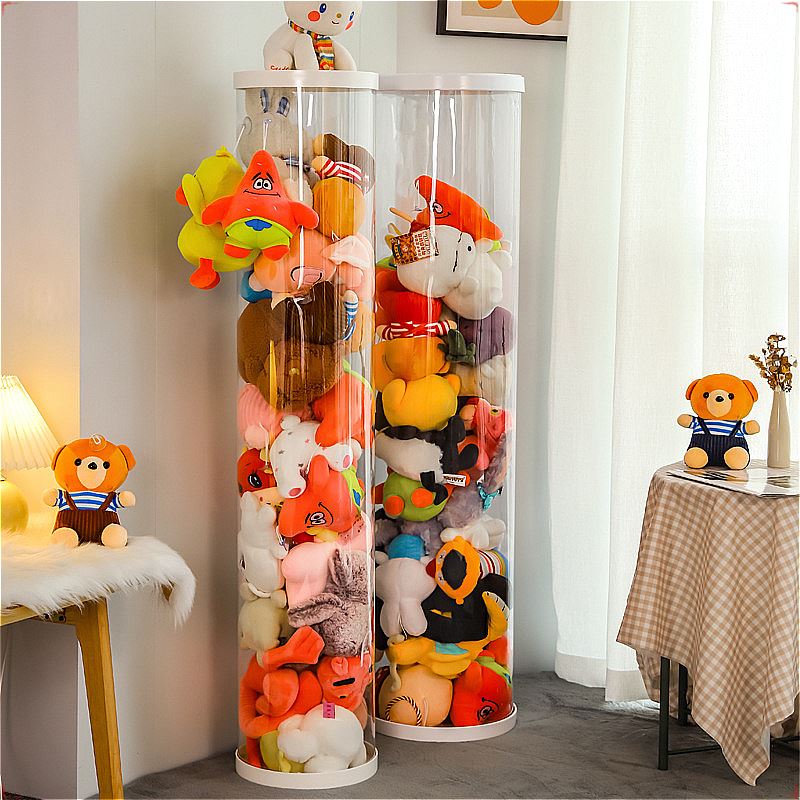 装娃娃收纳桶毛绒玩具箱大玩偶公仔收纳神器透明圆柱筒儿童整理桶