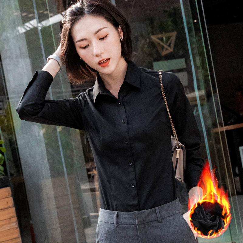 加绒衬衫女长袖冬季气质时尚职业正装加厚保暖洋气黑色衬衣工作服