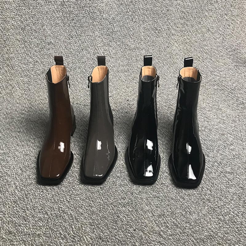 露涵思小众设计方头切尔西靴女新款真皮粗跟短靴女春秋薄款单靴