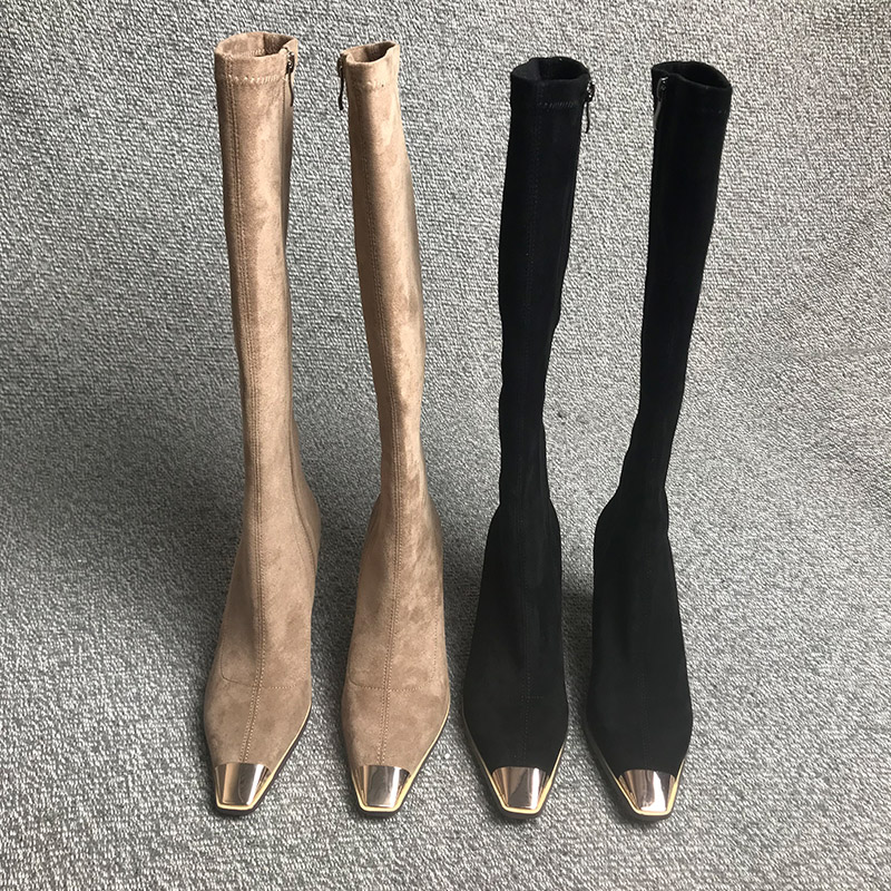 露涵思2024秋冬新款弹力瘦瘦靴粗跟金属尖头不过膝高跟长筒靴袜靴