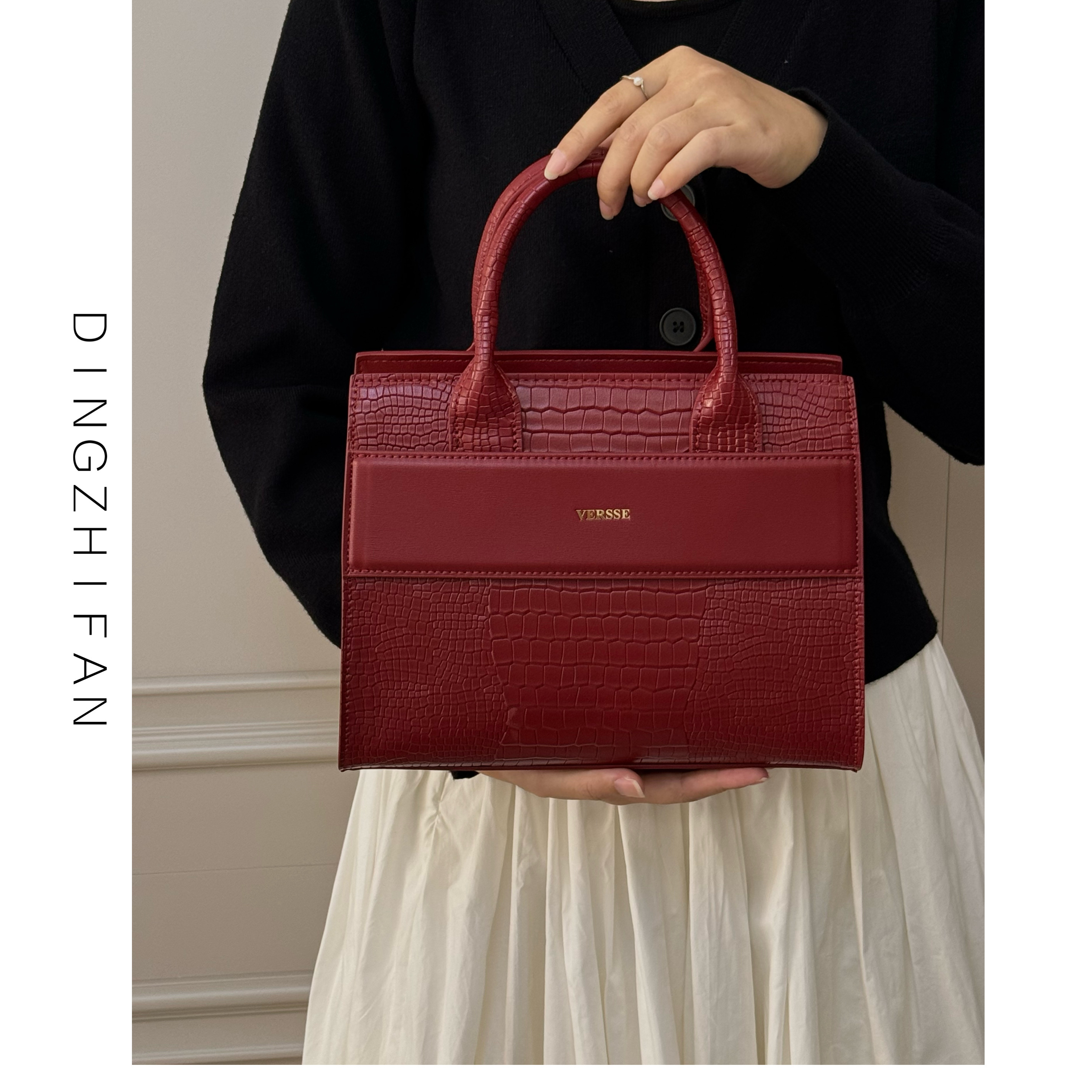 定制范 真皮中年妈妈包斜挎包高级感鳄鱼纹手提包轻奢喜婆婆包包