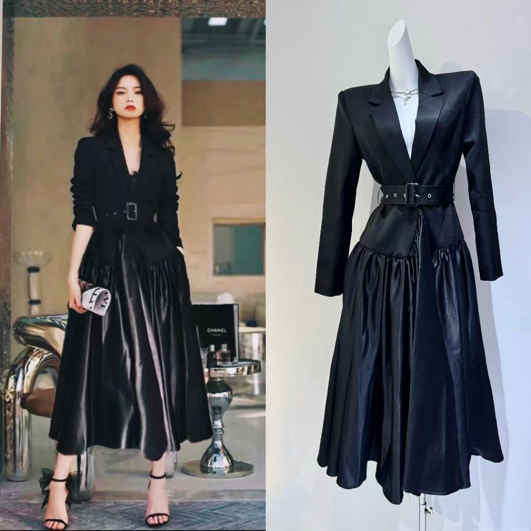 赫本风西装裙气质长袖收腰显瘦黑色时尚长袖酷飒风女装高级感