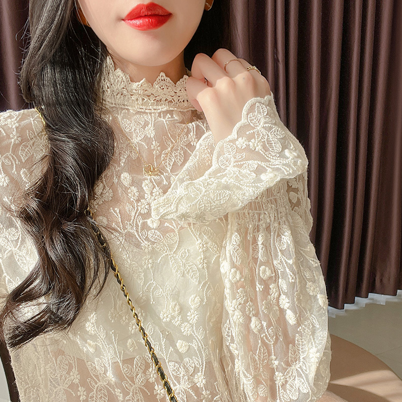 杏色立领蕾丝长袖上衣透视网纱洋气打底衫秋季季喇叭袖设计感内搭