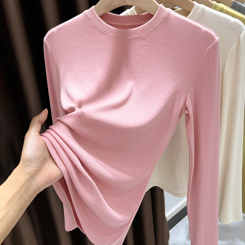 洋气粉色上衣秋季新款气质圆领打底衫女内搭柔软贴身针织长袖T恤