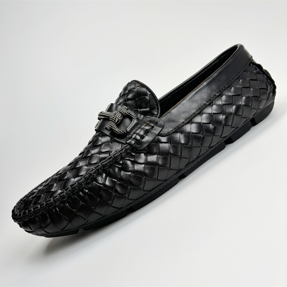 秋季新款豆豆鞋男真皮透气编织皮鞋一脚蹬乐福鞋男轻奢商务休闲鞋