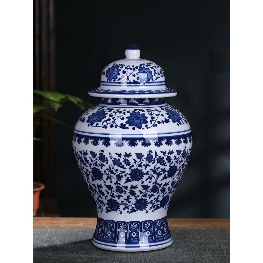 景德镇陶瓷器中式青花盖罐将军罐家居客厅装饰品大瓷罐储物罐摆件