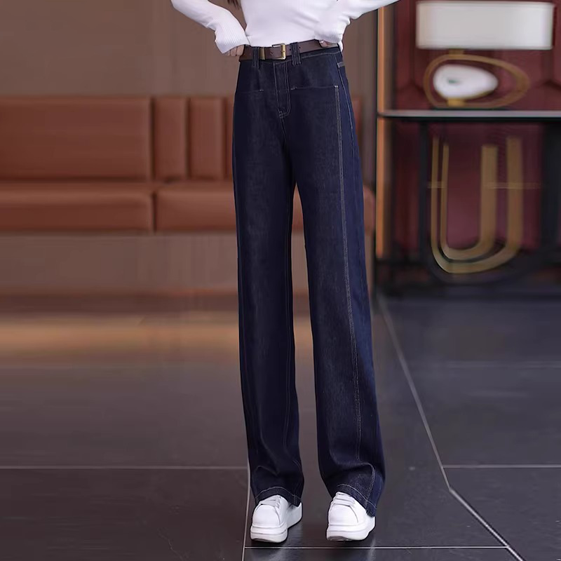深蓝色阔腿牛仔裤女秋季2024新款高腰显瘦宽松百搭美式窄版直筒裤