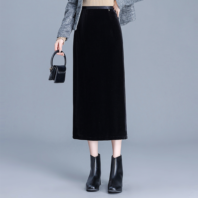 金丝绒半身裙开叉直筒包臀裙女裙子2025春秋新款小个子气质一步裙