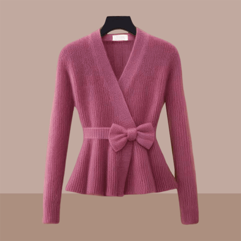 2024年秋冬季新款高级感显瘦百搭收腰玫红色针织毛衣女款气质服装