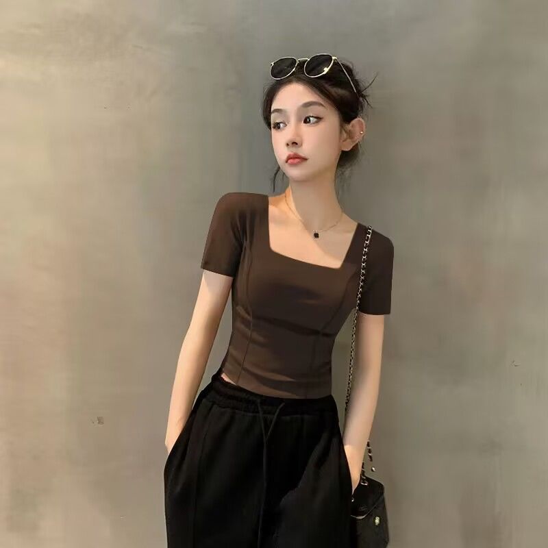 夏季新款方领时尚短袖T恤女紧身短款螺纹鱼骨正肩显瘦气质上衣潮