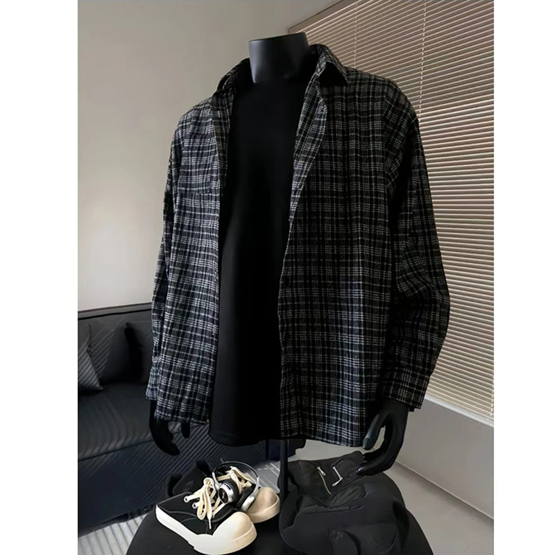 美式复古黑色格子衬衫男高级感痞帅穿搭春秋款松弛感cleanfit外套