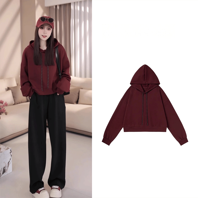 安可拉红初秋连帽女士卫衣2024年新款韩版长袖慵懒风洋气短款上衣