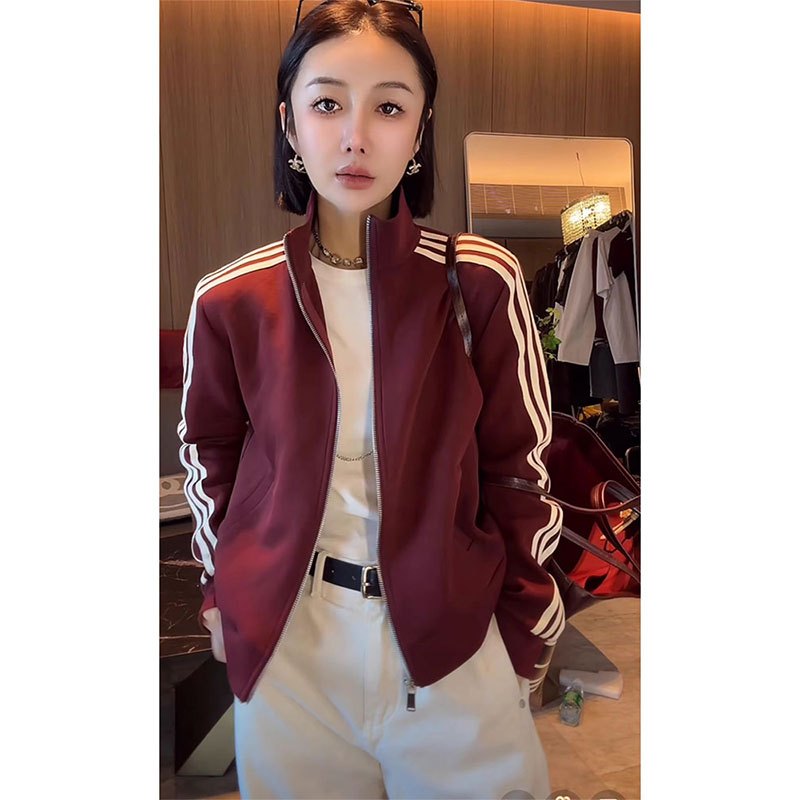 欧货早秋新款安可拉红三条杠立领短外套女百搭显瘦拉链开衫夹克衫
