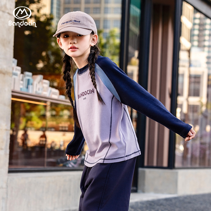BANDOCIN/半度闲秋冬新款长袖T恤女童撞色拼接显瘦上衣校园打底衫