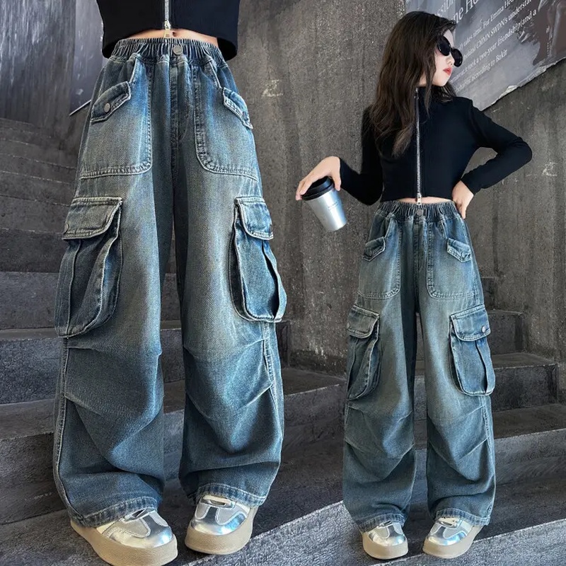 女童牛仔裤秋装2025新款韩版儿童直筒阔腿裤中大童休闲时髦工装裤