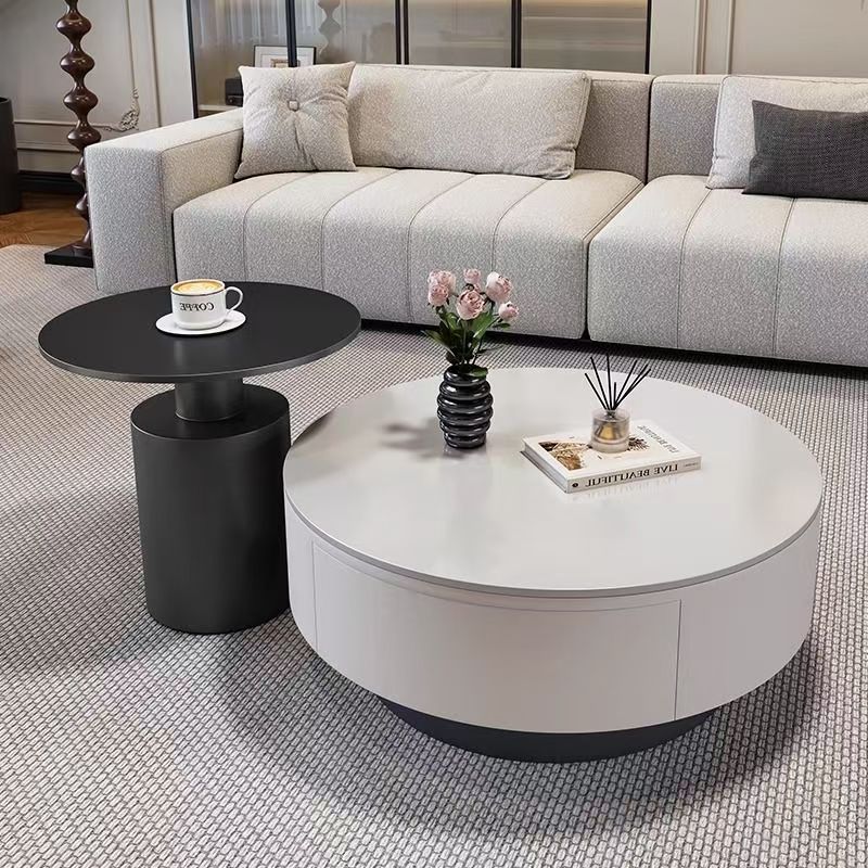 法式黑白圆形岩板茶几组合小户型客厅家用简约现代轻奢高级感茶桌
