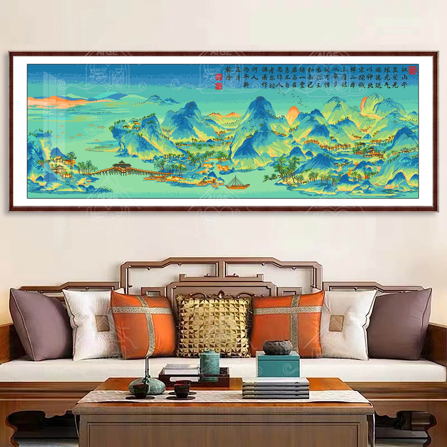 爱阁十字绣 千里江山升级版 新款客厅书房山水风景画线绣手工绣